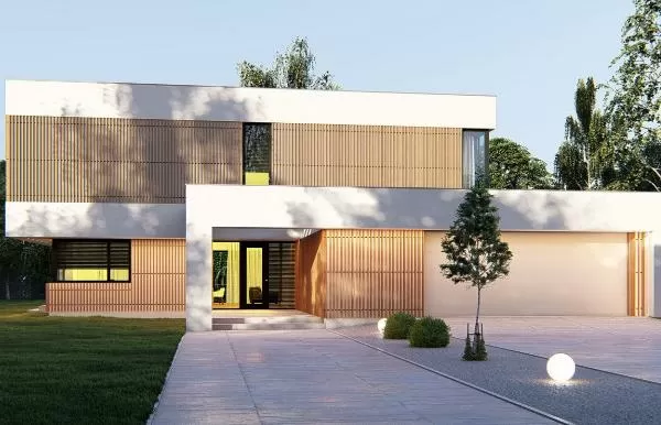 Проект современного дома с плоской кровлей и фасадом из планкена 18-227