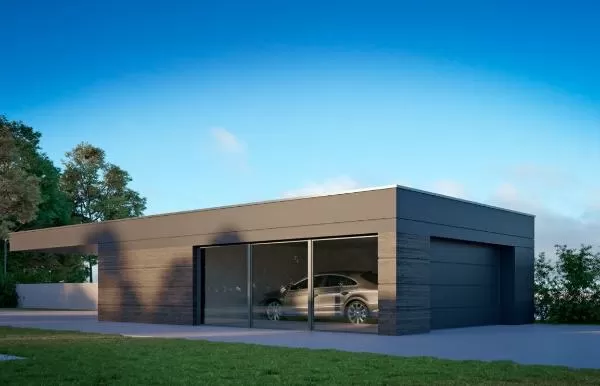 Проект современного гаража на 2 машины с навесом из кирпича 18-76