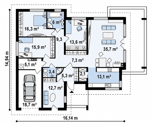 Проект одноэтажного дома с гаражом из арболита 5-164,4 (z201)