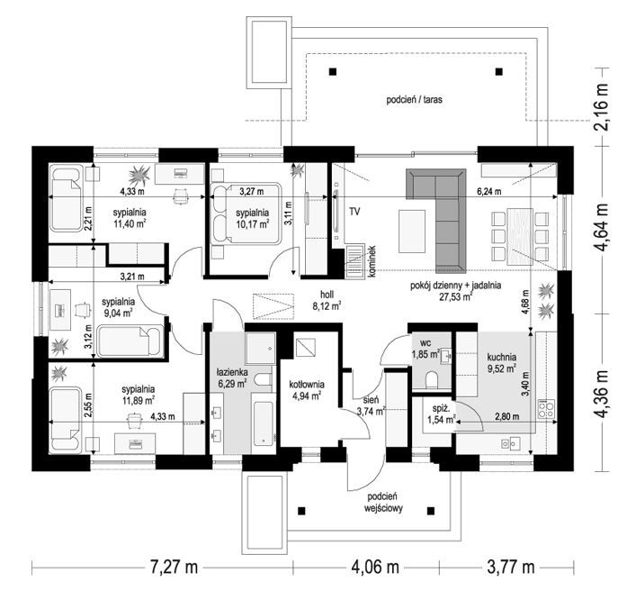 Проект одноэтажного современного коттеджа с 4 спальными около 100 м2 17-106