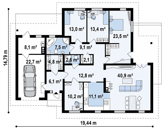 Проект одноэтажного дома с гаражом на плите 5-187,8 (z22)