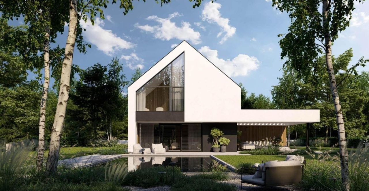 Проект коттеджа в стиле Барнхаус с двухскатной крышей и гаражом 17-213
