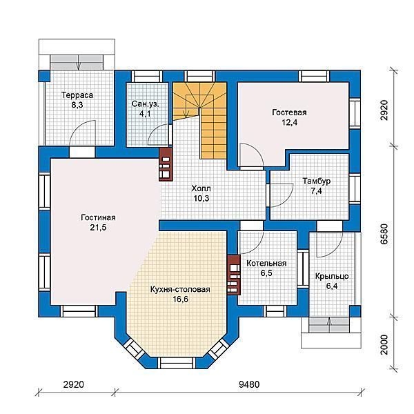 Проект дома из арболита с эркером и террасой 1-155,3 (57-41)