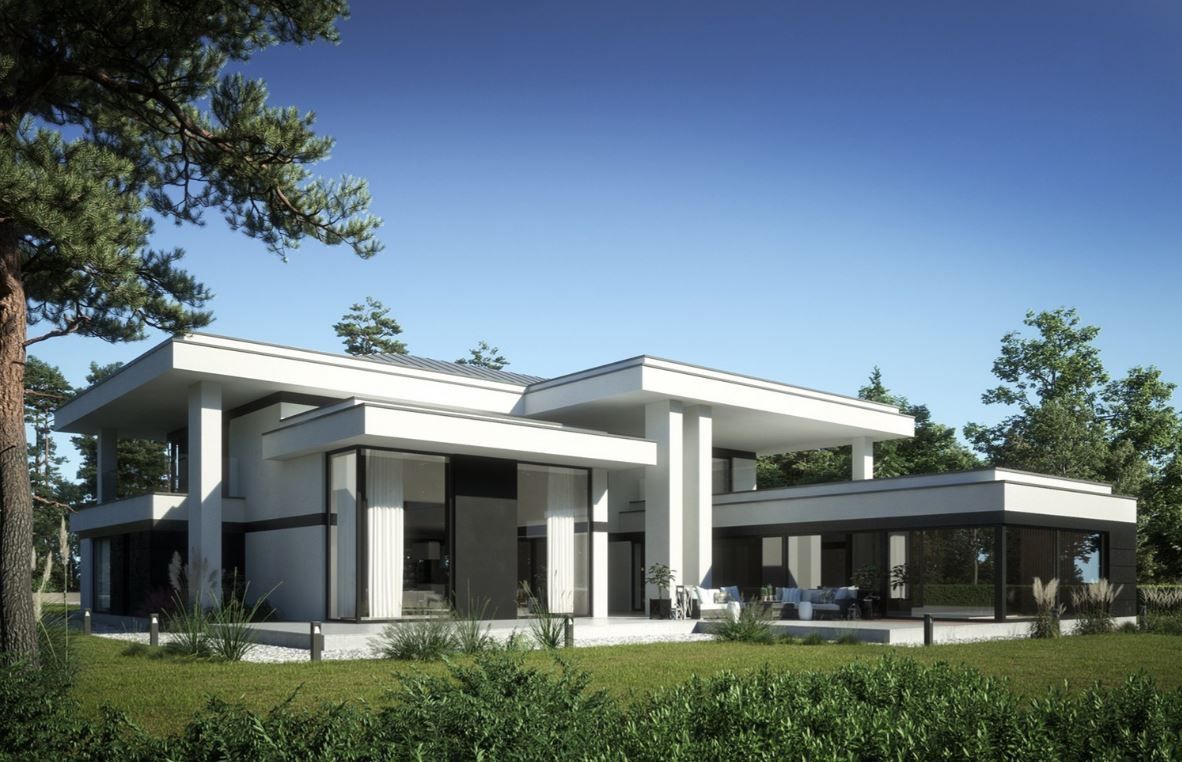 Проект дома в современном стиле с плоской крышей и бассейном 12-427