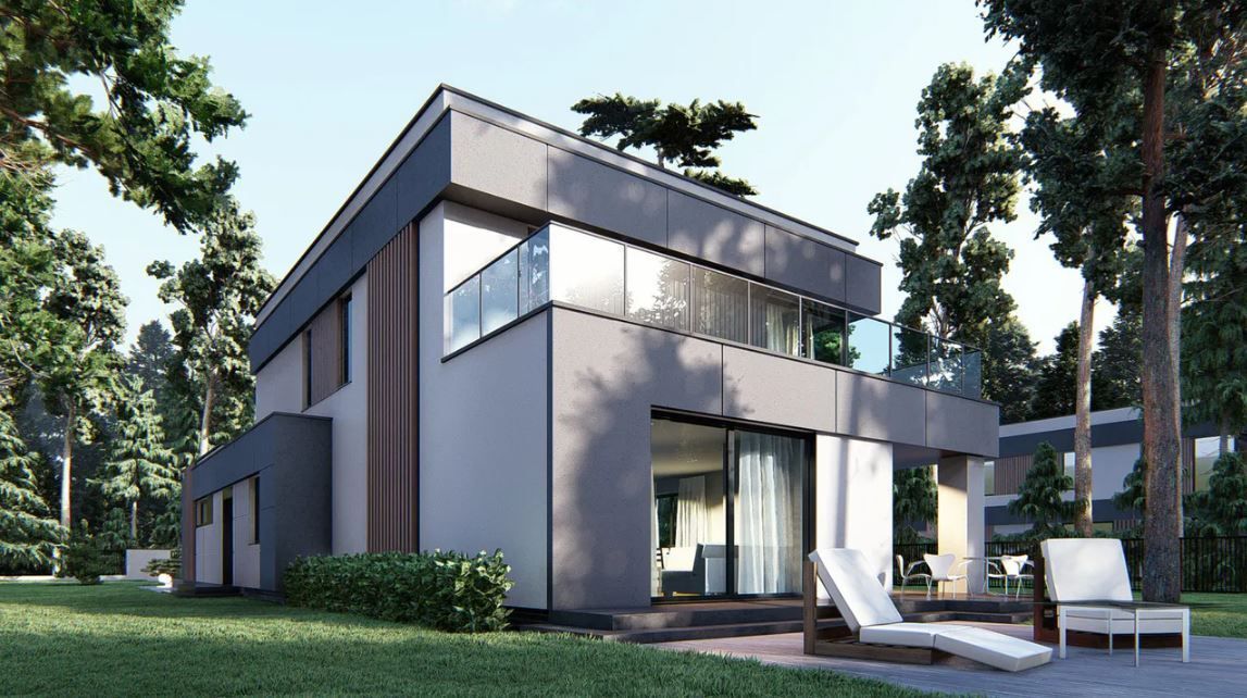 Проект современного коттеджа с плоской и навесными фасадами 16-212