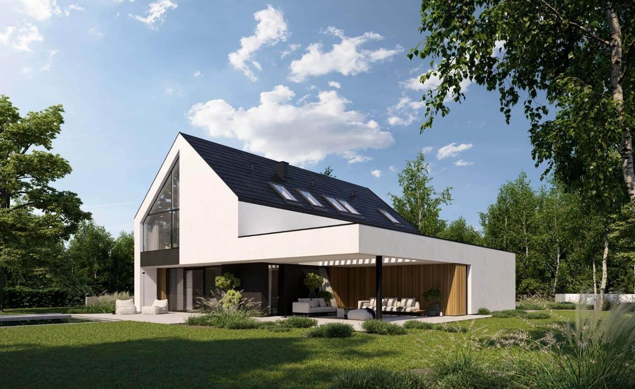 Проект коттеджа в стиле Барнхаус с двухскатной крышей и гаражом 17-213