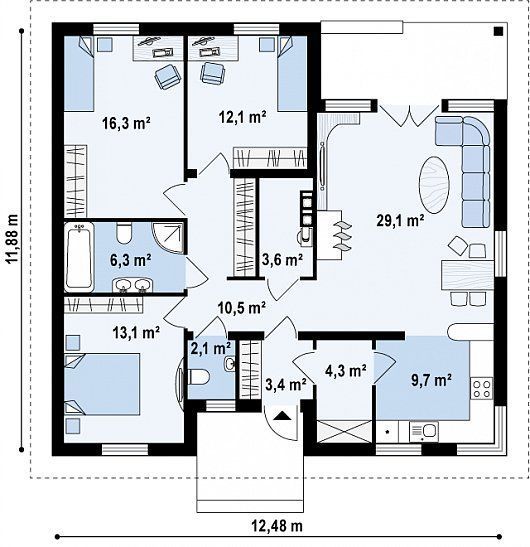 Проект одноэтажного дома 12 на 12 м 5-110,6 (z24)