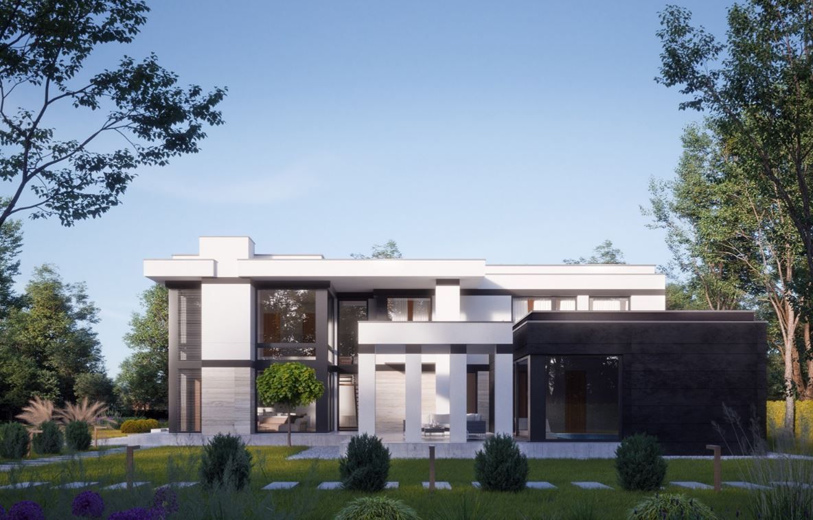 Проект современного двухэтажного дома с панорамными окнами 12-411