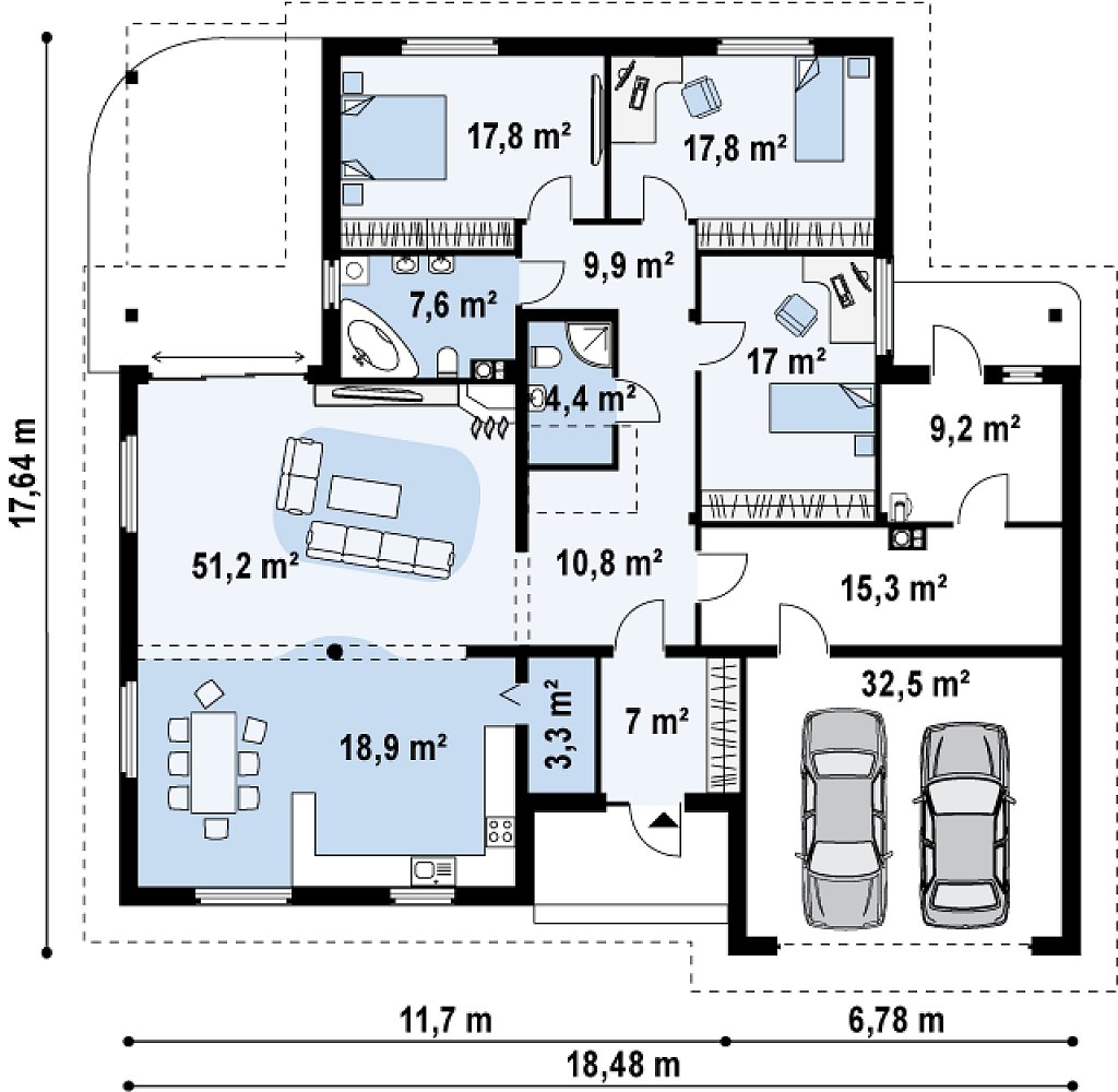 Проект одноэтажного дома с гаражом на плитном фундаменте 5-222,8 (z77)
