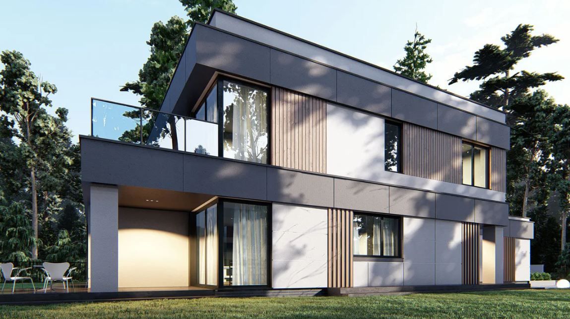 Проект современного коттеджа с плоской и навесными фасадами 16-212