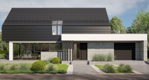 Проект современного дома в стиле Барнхауз со вторым светом и гаражом 14-161