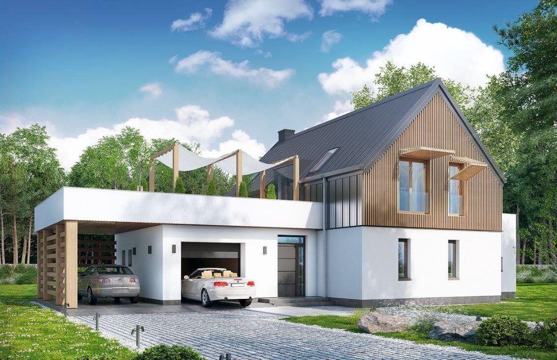 Проект современного дома с гаражом и навесом 11-270