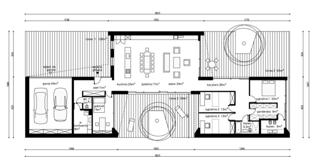 Проект одноэтажного современного дома с плоской кровлей и террасами 14-251