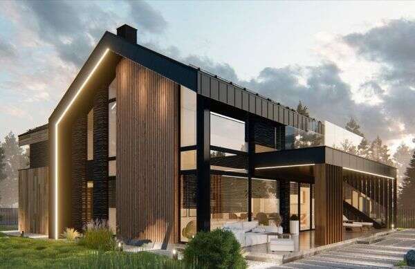 Проект двухэтажного дома в стиле Барнхаус с панорамными окнами 12-236
