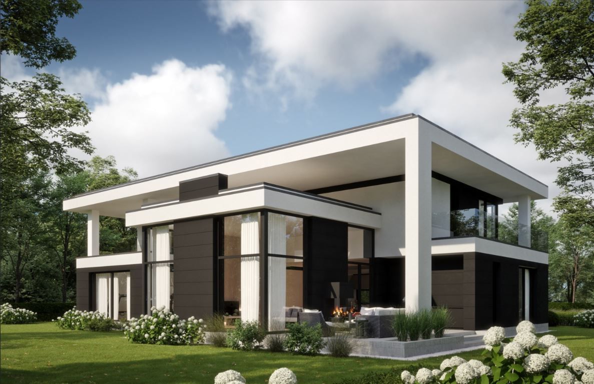 Проект современного дома с плоской крышей и красивыми окнами 12-433