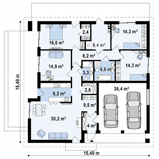Проект квадратного дома с гаражом на плитном фундаменте 5-180,9 (z196)