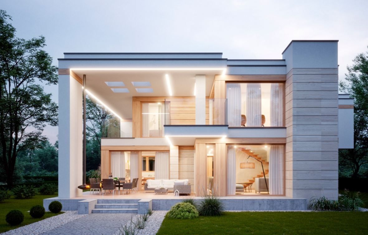 Проект современного дома с плоской крышей, панорамными окнами и камином 12-294