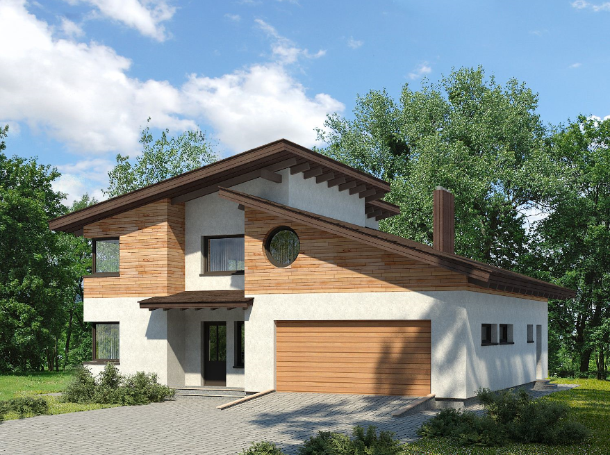 Проект современного дома из арболита с гаражом 2-214,3
