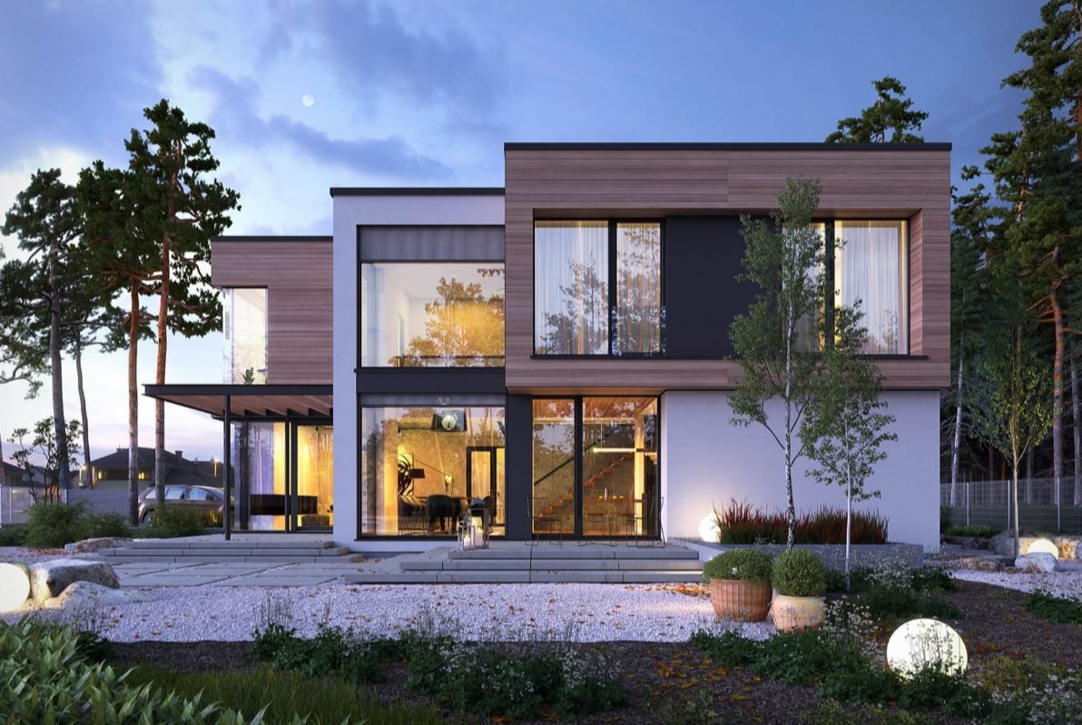 Проект современного дома с плоской крышей и интересным фасадом 18-232