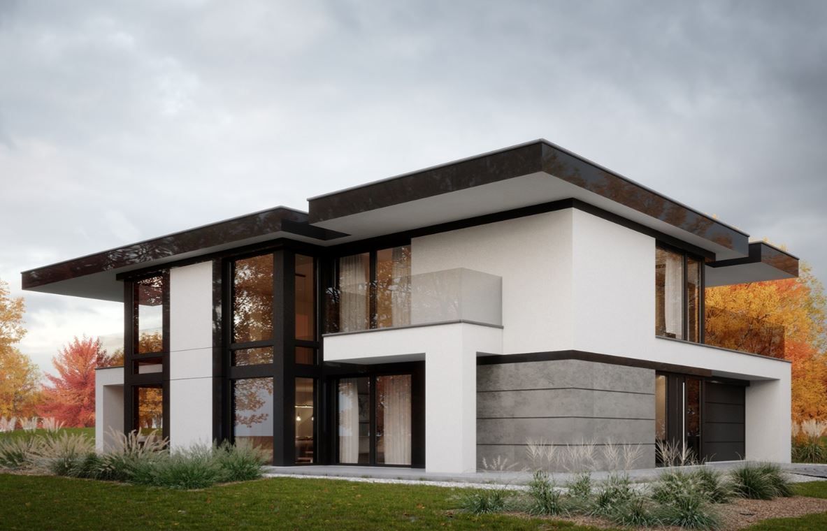 Проект коттеджа  в современном стиле с плоской крышей и комбинированными фасадами 12-324