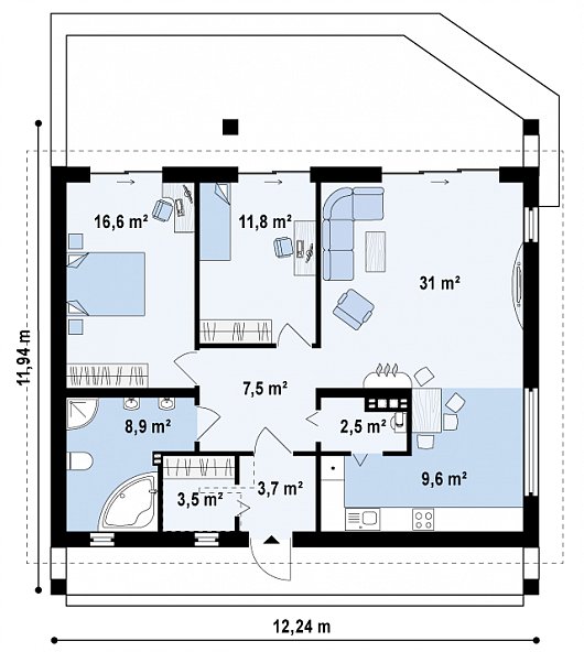 Проект одноэтажного дома с террасой в стиле современного амбара 5-95,1 (z242)
