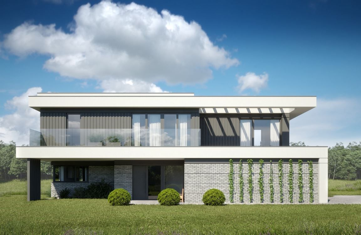 Проект современного коттеджа с красивыми фасадами и окнами 14-285