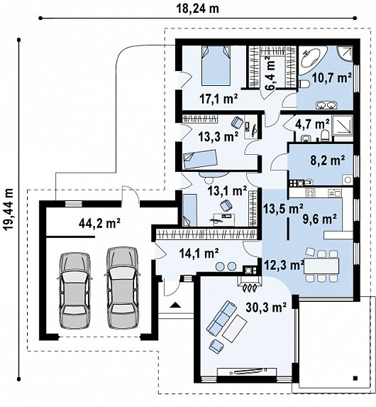 Проект одноэтажного дома с гаражом на плите 5-197,6 (z80)