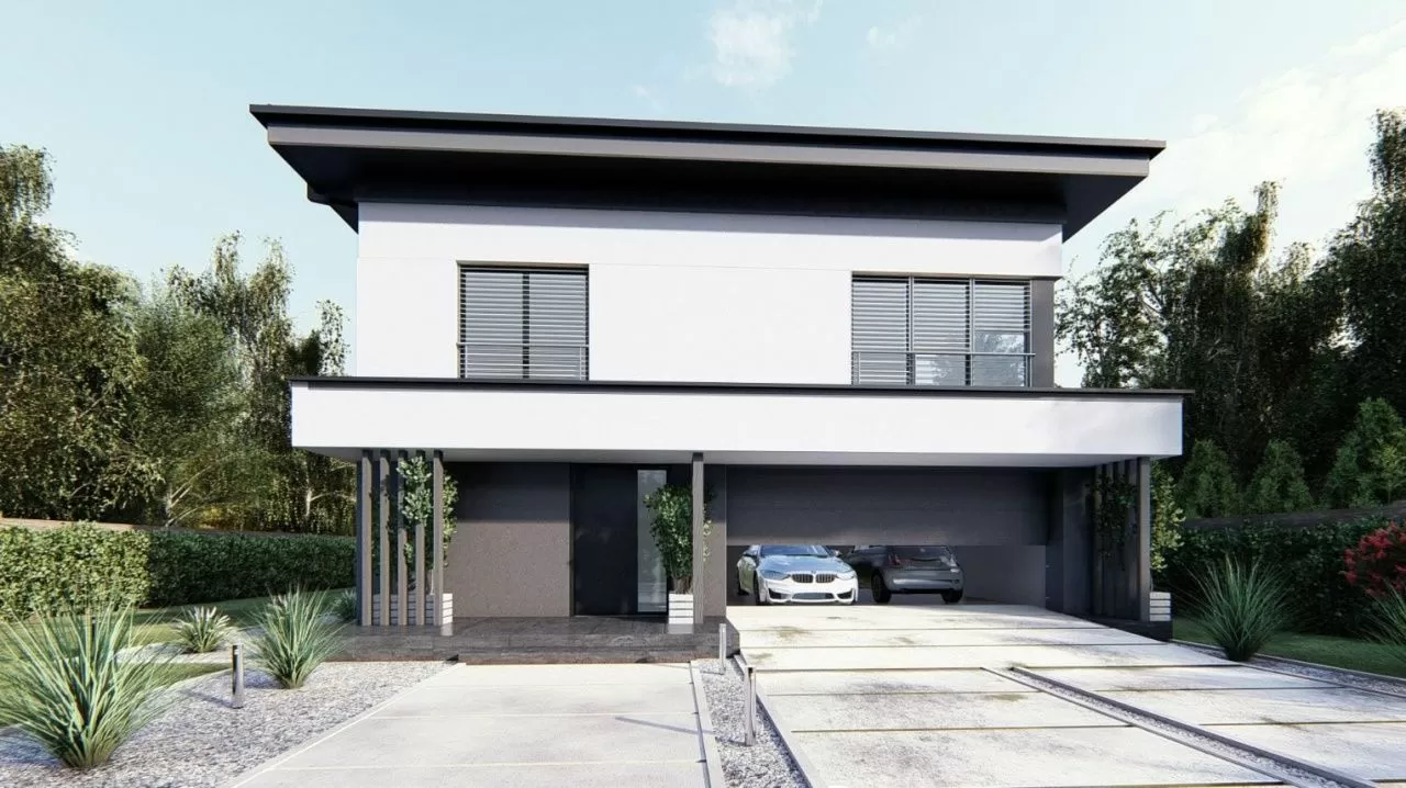 Проект двухэтажного современного дома с внешней отделкой штукатуркой 18-248