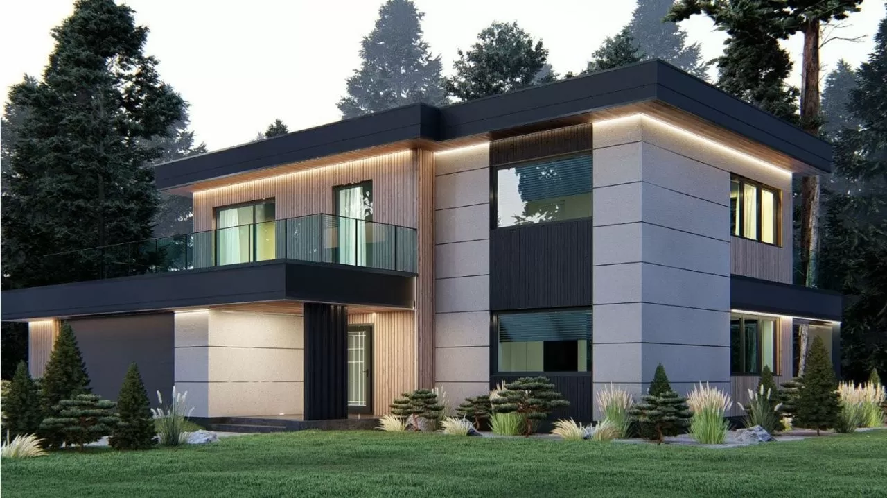 Проект современного дома с плоской кровлей и балконом над гаражом 18-226
