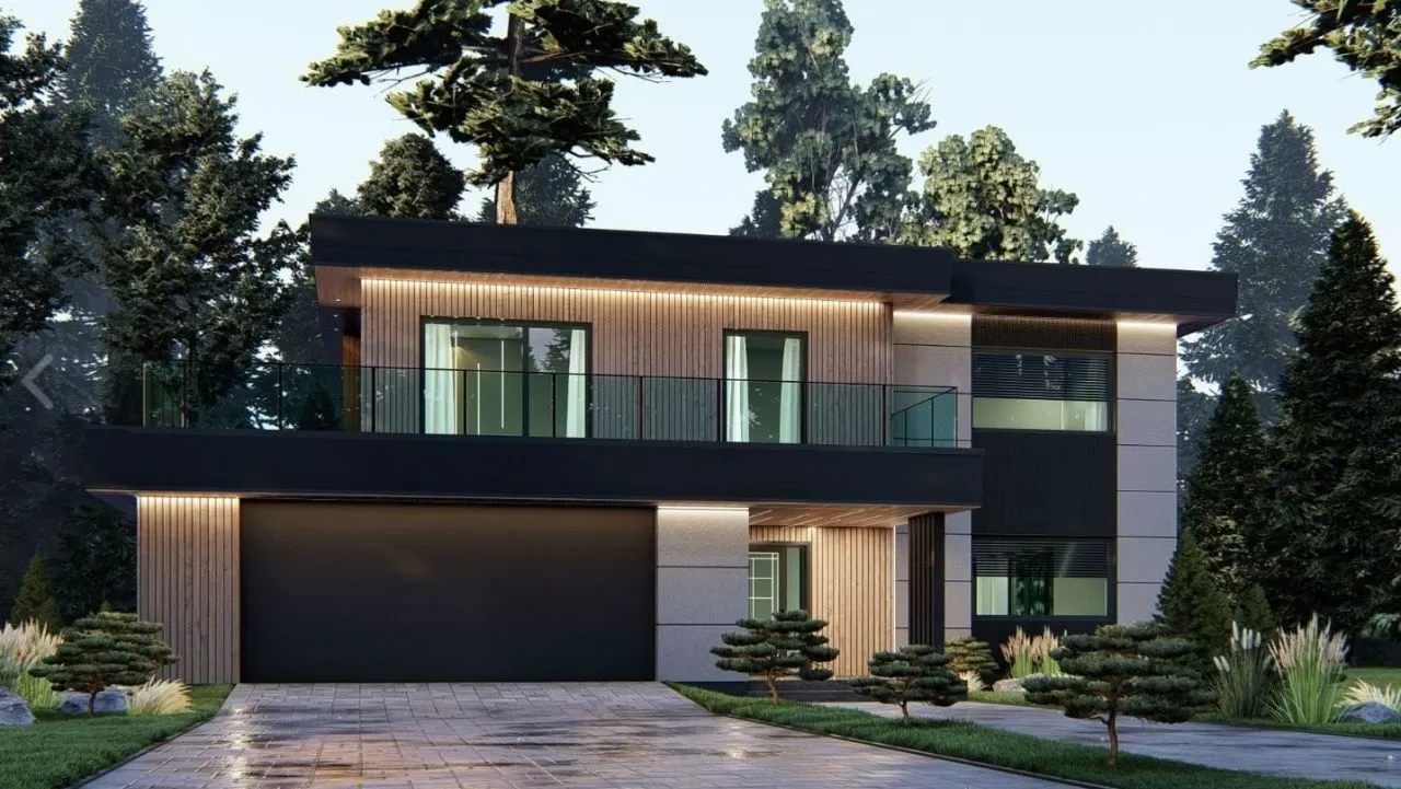 Проект современного дома с плоской кровлей и балконом над гаражом 18-226