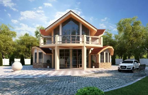 Проект углового дома с панорамными окнами 1-227