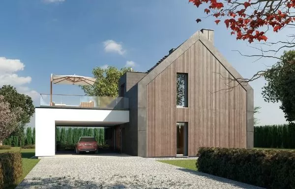 Проект дома в стиле Барнхаус с террасой над навесом для машин 17-165