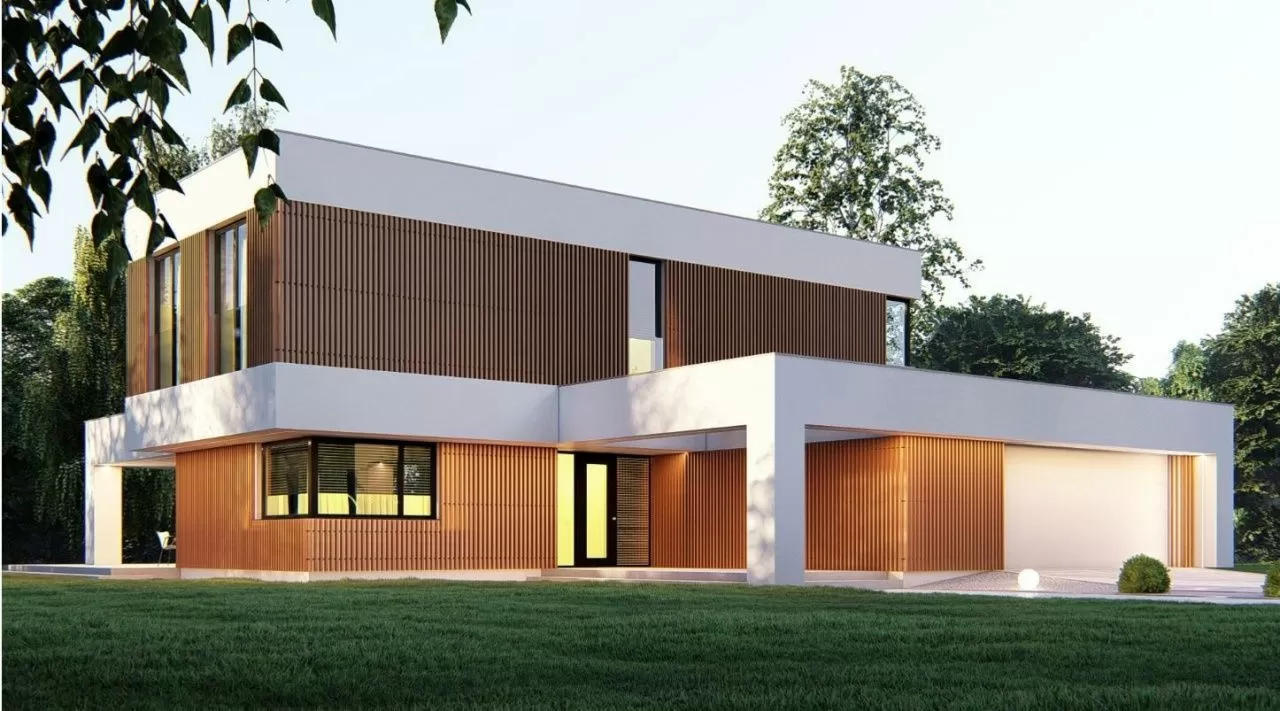 Проект современного дома с плоской кровлей и фасадом из планкена 18-227