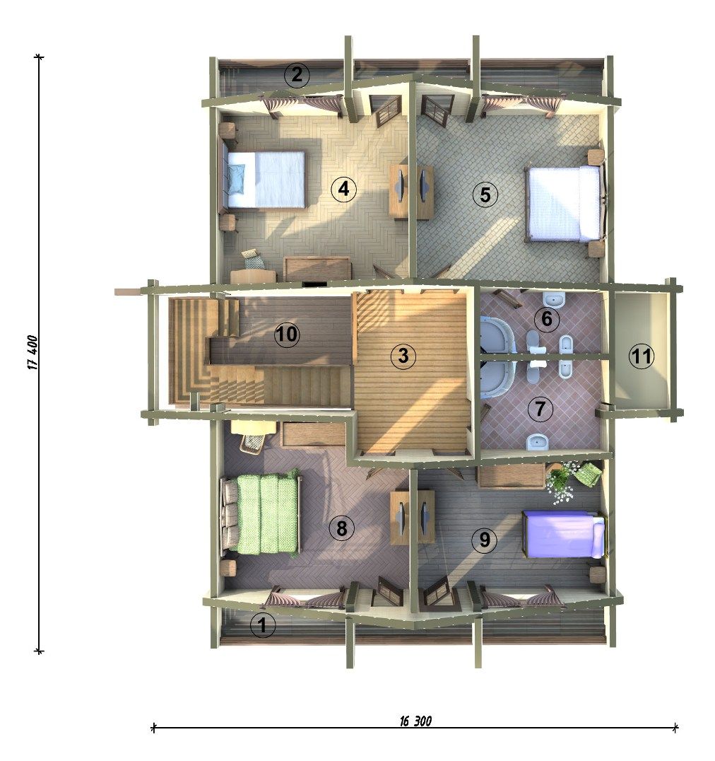 Проект деревянного дома в 2 этажа 7-400,9